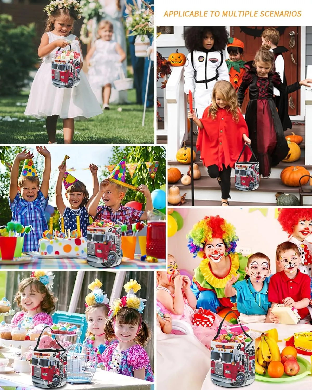 1 Piece Halloween Trick or Treat Candy Bags,Cartoon Fire Fighting Truck Reusable Goody Bucket Collapsible Candy Tote Bag for Holiday Gift Basket Party Favor,Red and White Car with Hydraulic Giant
