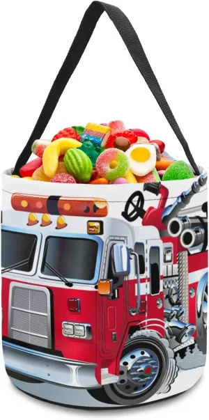 1 Piece Halloween Trick or Treat Candy Bags,Cartoon Fire Fighting Truck Reusable Goody Bucket Collapsible Candy Tote Bag for Holiday Gift Basket Party Favor,Red and White Car with Hydraulic Giant