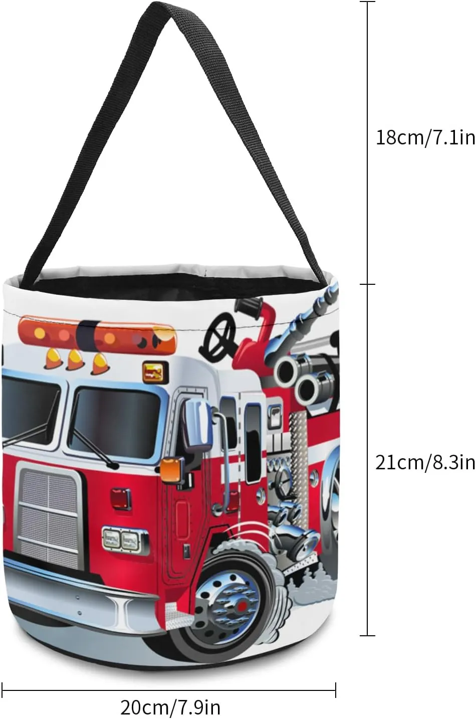 1 Piece Halloween Trick or Treat Candy Bags,Cartoon Fire Fighting Truck Reusable Goody Bucket Collapsible Candy Tote Bag for Holiday Gift Basket Party Favor,Red and White Car with Hydraulic Giant