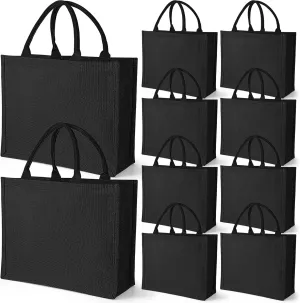 10 Pack Black Burlap Tote Wedding Jute Gift Bags with Handles - Large Reusable Shopping Tote Kitchen Reusable Grocery Bags for Bridesmaid DIY Craft - 15.35 x 5.91 x 12.2 Inch