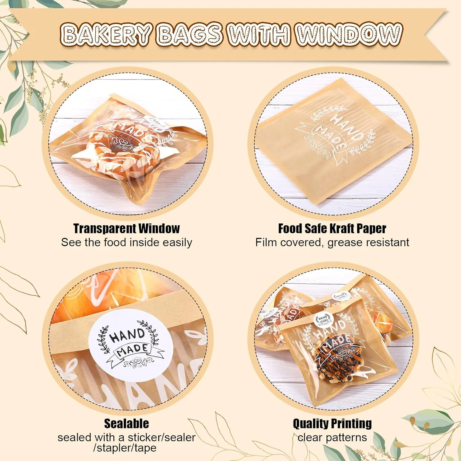 100 Bakery Bags With Window Small Brown Bakery Bags Kraft Paper Bakery Treat Bags and Handmade Stickers for Cookie Chocolate Donut Snacks Bread Sandwich Dessert (7.1 x 7.5 Inch)