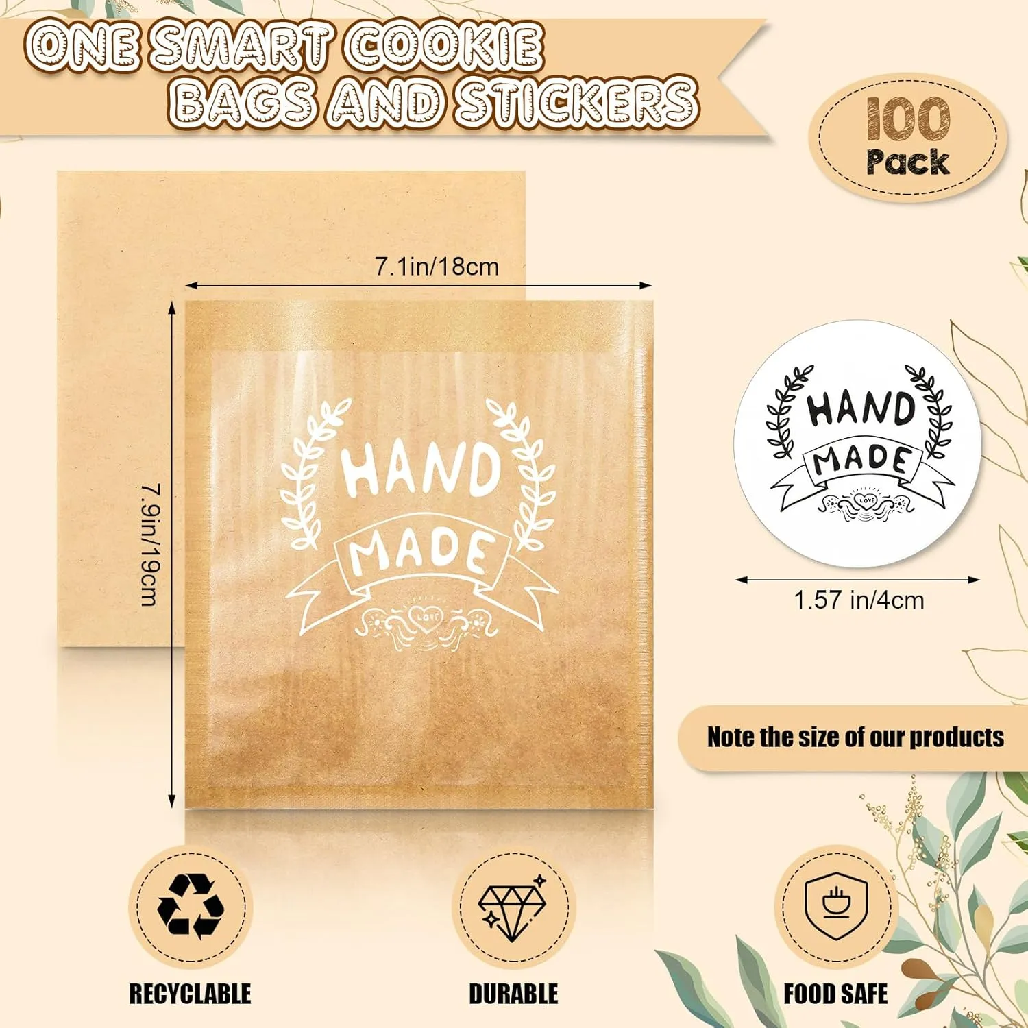 100 Bakery Bags With Window Small Brown Bakery Bags Kraft Paper Bakery Treat Bags and Handmade Stickers for Cookie Chocolate Donut Snacks Bread Sandwich Dessert (7.1 x 7.5 Inch)
