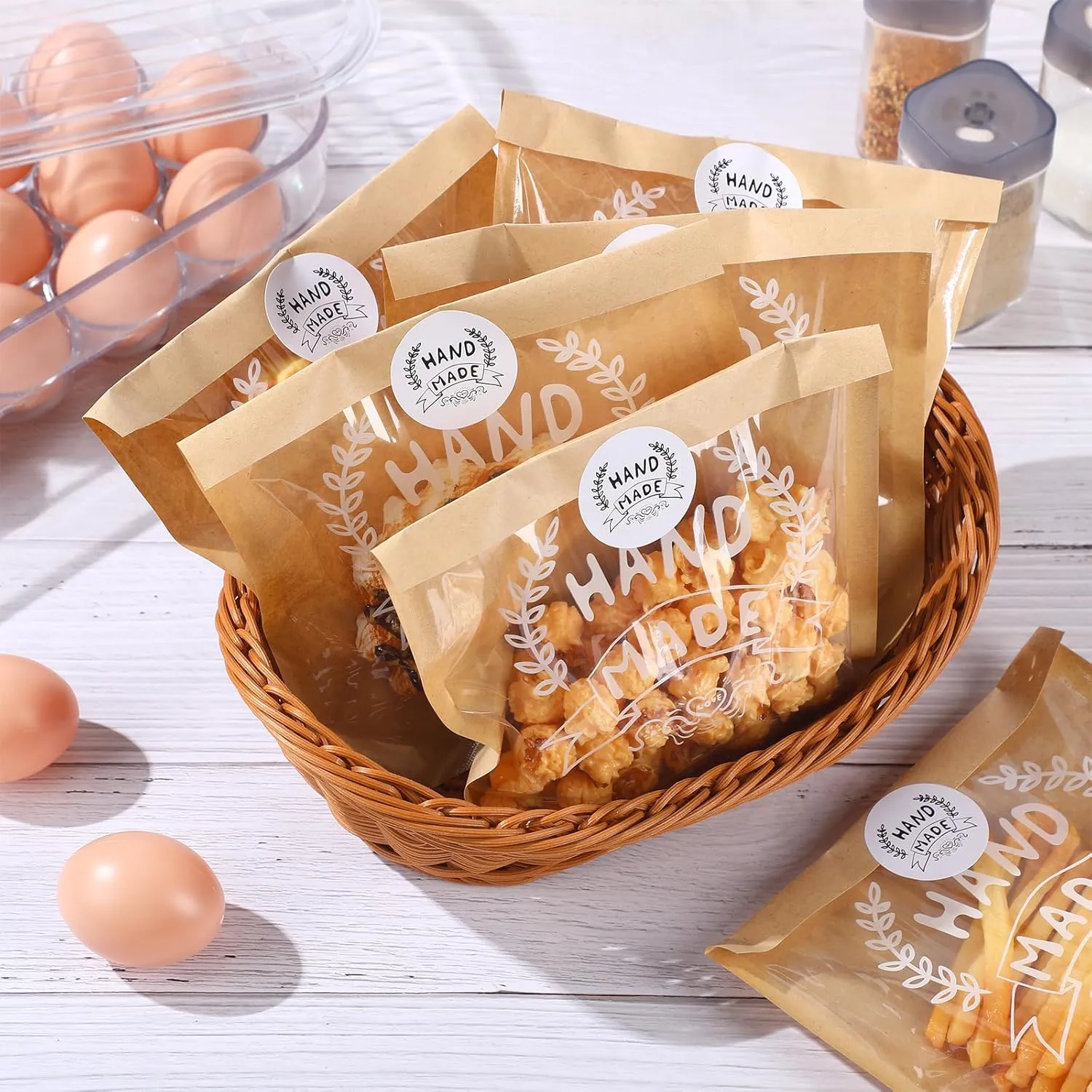 100 Bakery Bags With Window Small Brown Bakery Bags Kraft Paper Bakery Treat Bags and Handmade Stickers for Cookie Chocolate Donut Snacks Bread Sandwich Dessert (7.1 x 7.5 Inch)