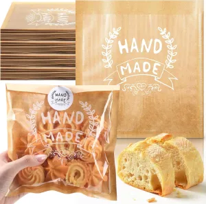 100 Bakery Bags With Window Small Brown Bakery Bags Kraft Paper Bakery Treat Bags and Handmade Stickers for Cookie Chocolate Donut Snacks Bread Sandwich Dessert (7.1 x 7.5 Inch)