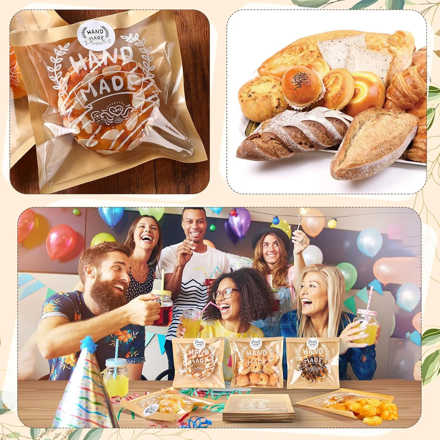 100 Bakery Bags With Window Small Brown Bakery Bags Kraft Paper Bakery Treat Bags and Handmade Stickers for Cookie Chocolate Donut Snacks Bread Sandwich Dessert (7.1 x 7.5 Inch)