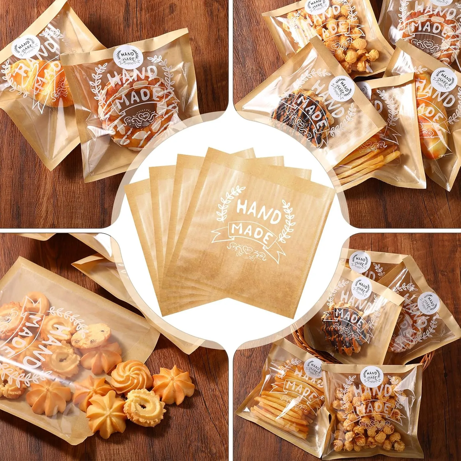 100 Bakery Bags With Window Small Brown Bakery Bags Kraft Paper Bakery Treat Bags and Handmade Stickers for Cookie Chocolate Donut Snacks Bread Sandwich Dessert (7.1 x 7.5 Inch)