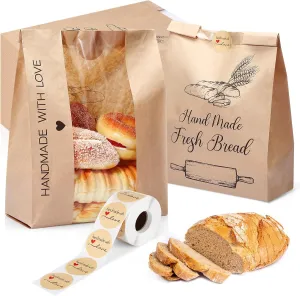 100 Pcs Sourdough Bread Bags 14 x 8.3 x 3.5'' Paper Bread Bags for Homemade Bakery Packaging Storage with Window for Cookies Candies Bakery Gift Giving, with Label Sticker