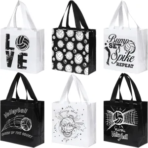 12 PCS Volleyball Gift Bag - Non-Woven Sports Themed Party Favor Bags, 6 Designs Black White Tote Bags with Handles - Perfect for Kids and Adults Birthday Party, Baby Shower, and Team Events