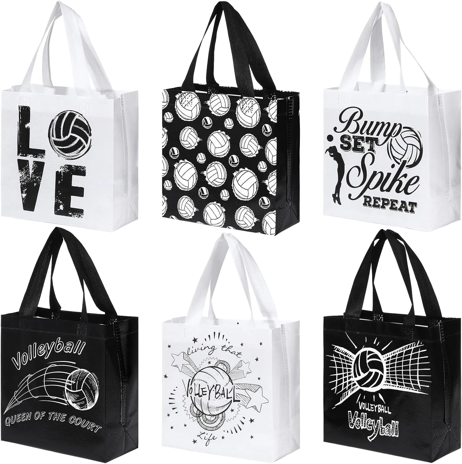 12 PCS Volleyball Gift Bag - Non-Woven Sports Themed Party Favor Bags, 6 Designs Black White Tote Bags with Handles - Perfect for Kids and Adults Birthday Party, Baby Shower, and Team Events