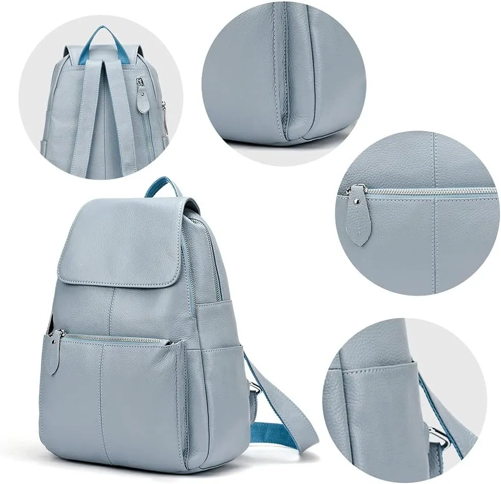 15 Colors Real Soft 100% Genuine Leather Women Backpack Fashion Ladies Travel Bag Preppy Style For Woman (Blue Grey)