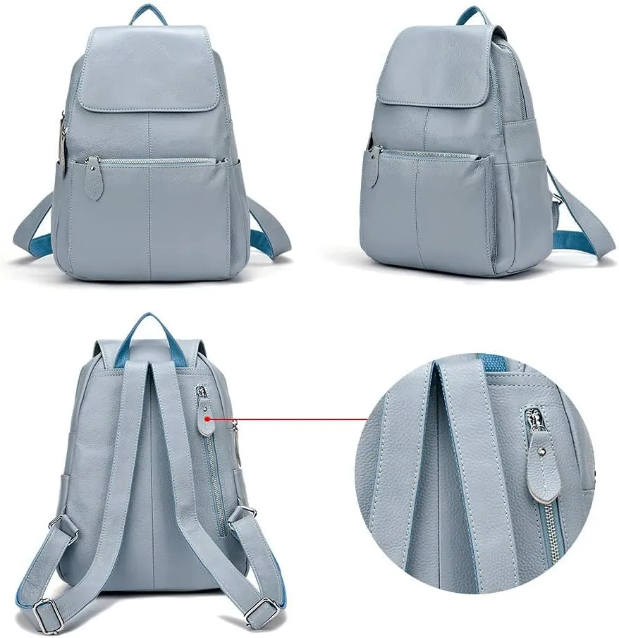 15 Colors Real Soft 100% Genuine Leather Women Backpack Fashion Ladies Travel Bag Preppy Style For Woman (Blue Grey)