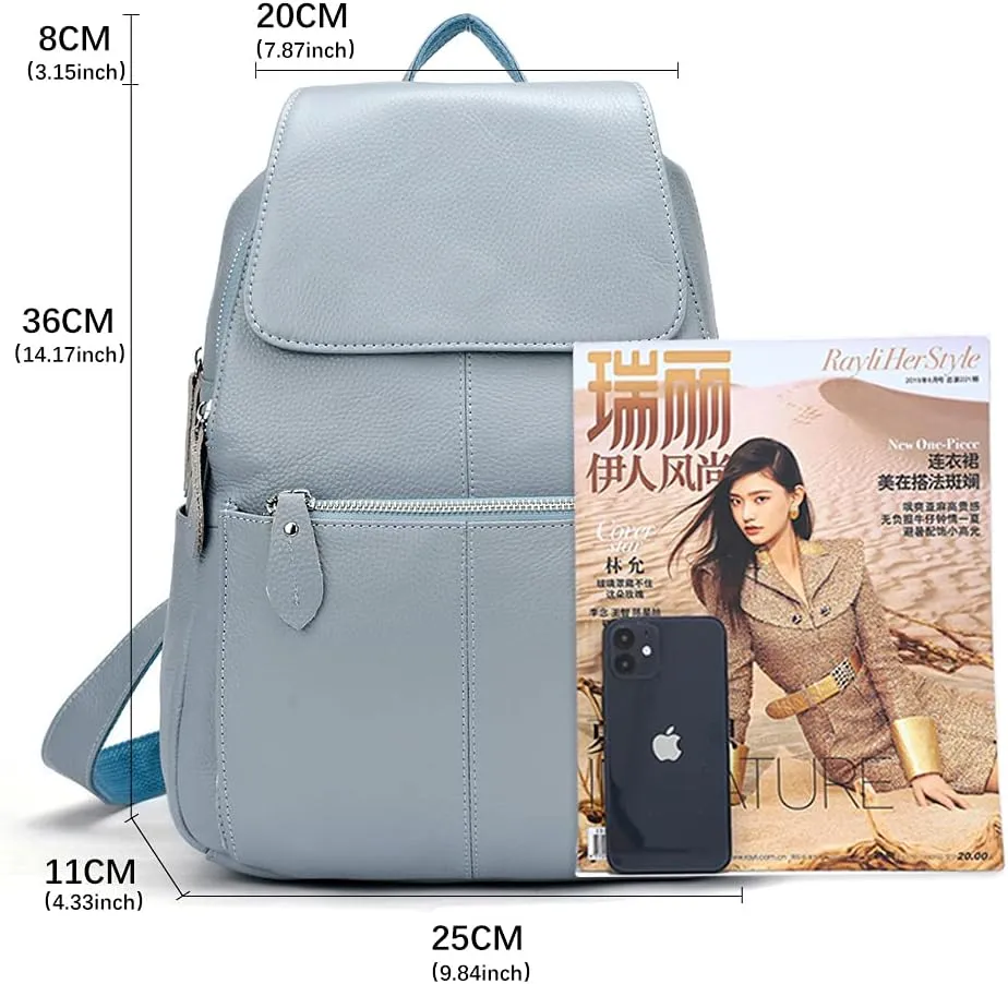 15 Colors Real Soft 100% Genuine Leather Women Backpack Fashion Ladies Travel Bag Preppy Style For Woman (Blue Grey)