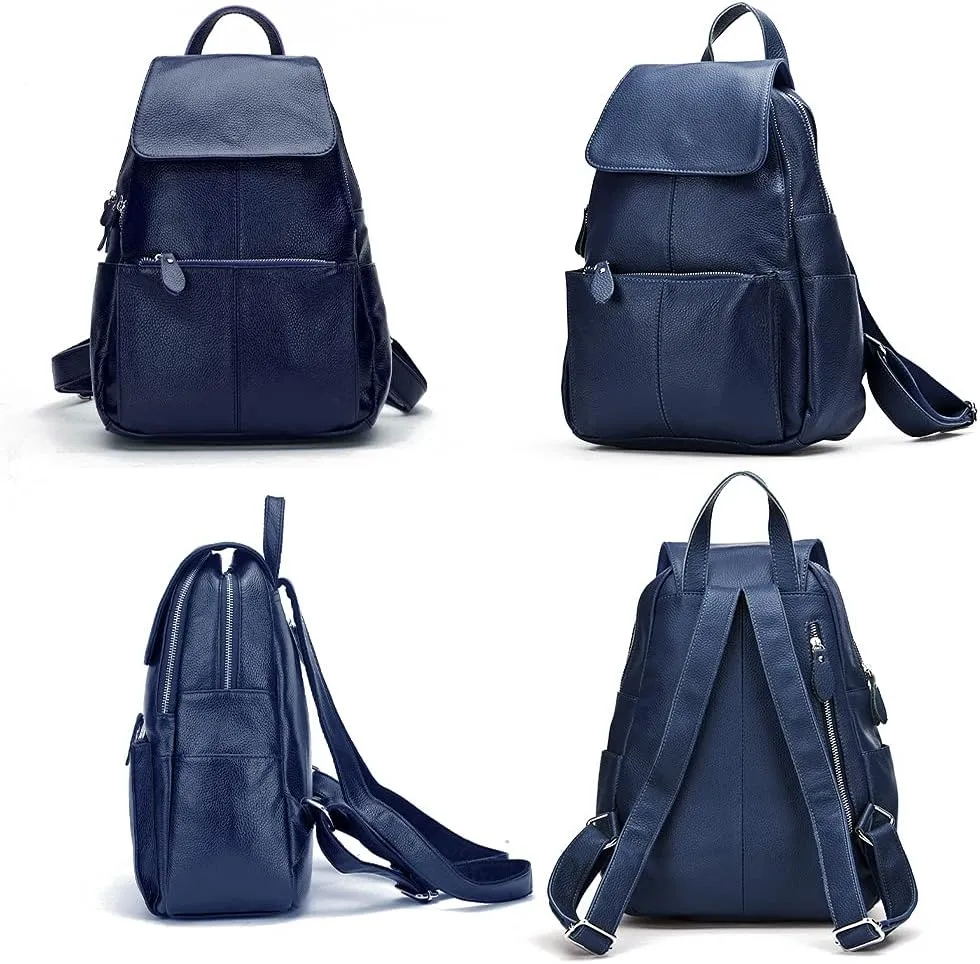 15 Colors Real Soft 100% Genuine Leather Women Backpack Fashion Ladies Travel Bag Preppy Style For Woman (Dark Blue)