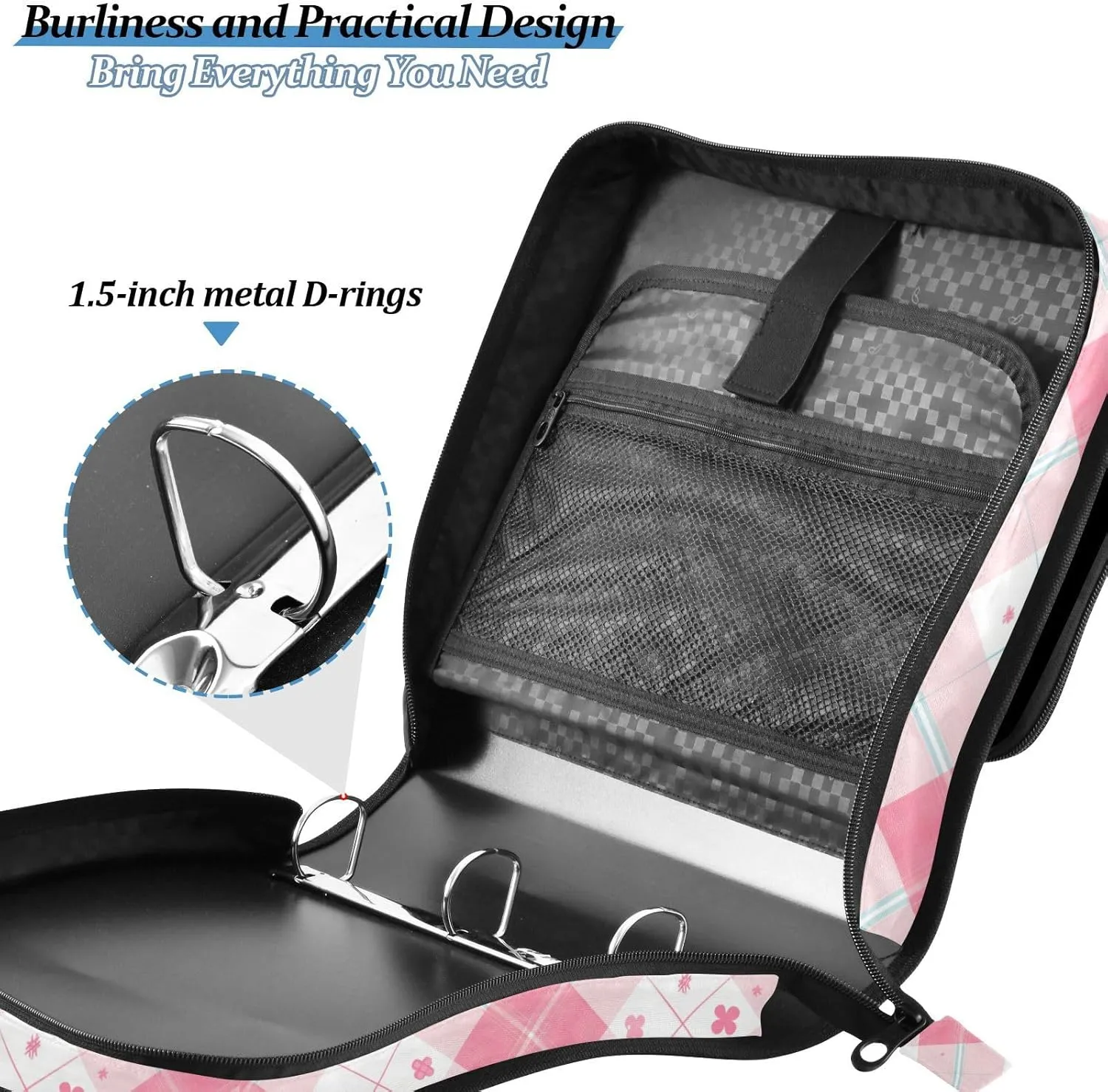1.5 Inch 3 Rings Document Organizer Bag with Shoulder Strap & Handle for School, Easy to Carry, Pink Gingham Cute