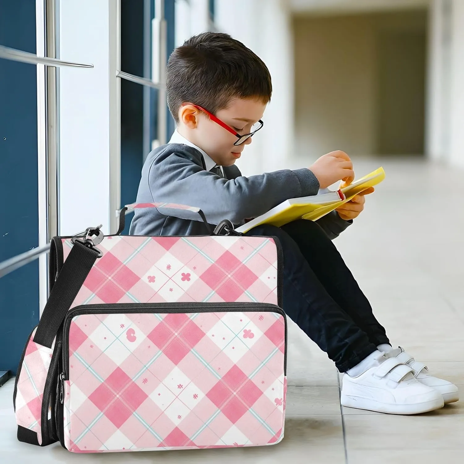 1.5 Inch 3 Rings Document Organizer Bag with Shoulder Strap & Handle for School, Easy to Carry, Pink Gingham Cute