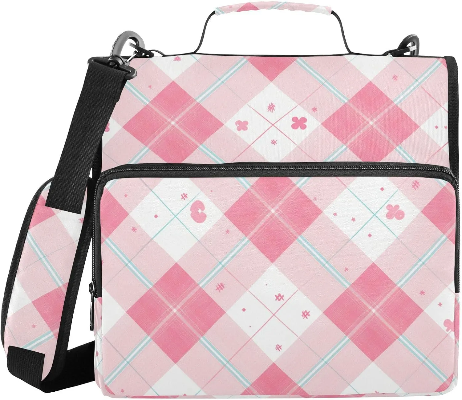 1.5 Inch 3 Rings Document Organizer Bag with Shoulder Strap & Handle for School, Easy to Carry, Pink Gingham Cute