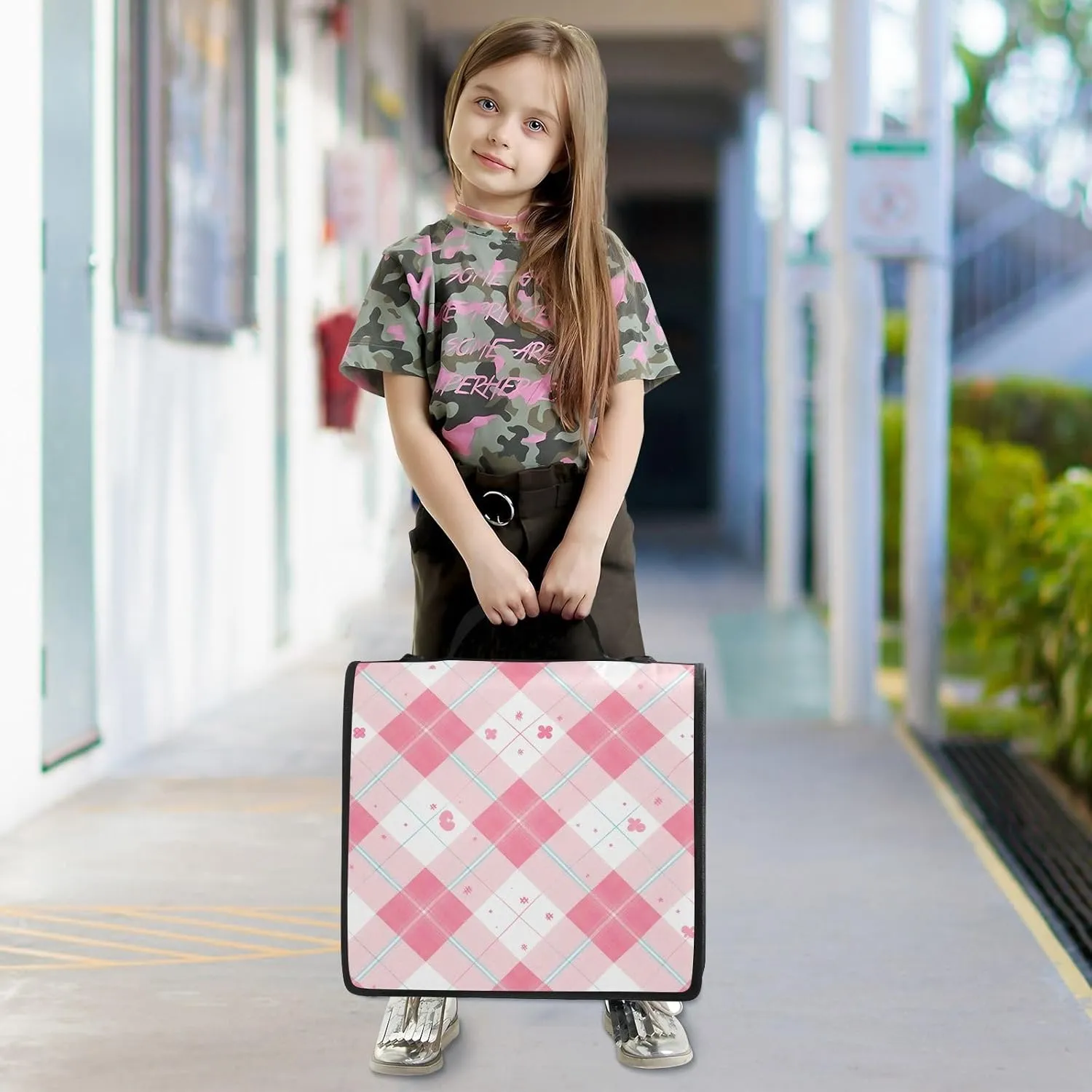 1.5 Inch 3 Rings Document Organizer Bag with Shoulder Strap & Handle for School, Easy to Carry, Pink Gingham Cute