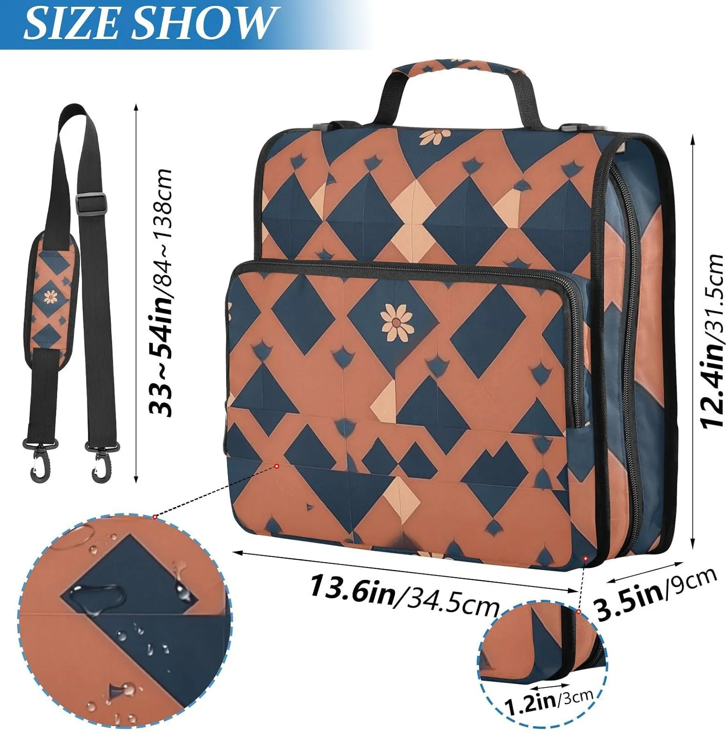 1.5-Inch 3-Rings Organizer Binder with Handle and Removable Shoulder Strap Multiple Pockets Document Organizer for Middle Student Squares Gold Red Succulent