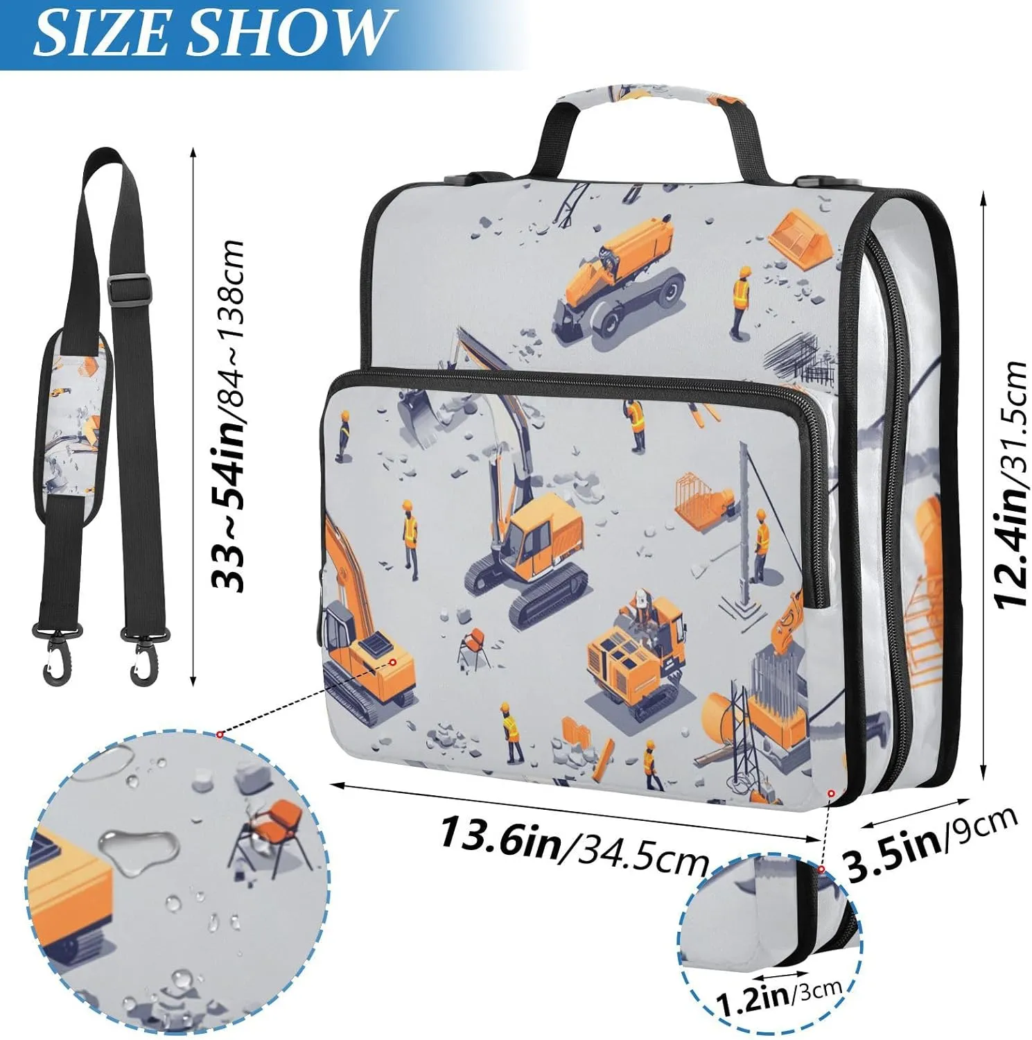 1.5-Inch 3-Rings Sturdy Zipper Binder with Handle and Removable Shoulder Strap Multi-Pocket Document Organizer Bag for School Construction Scene Build Tall Buildings Excavator Grader