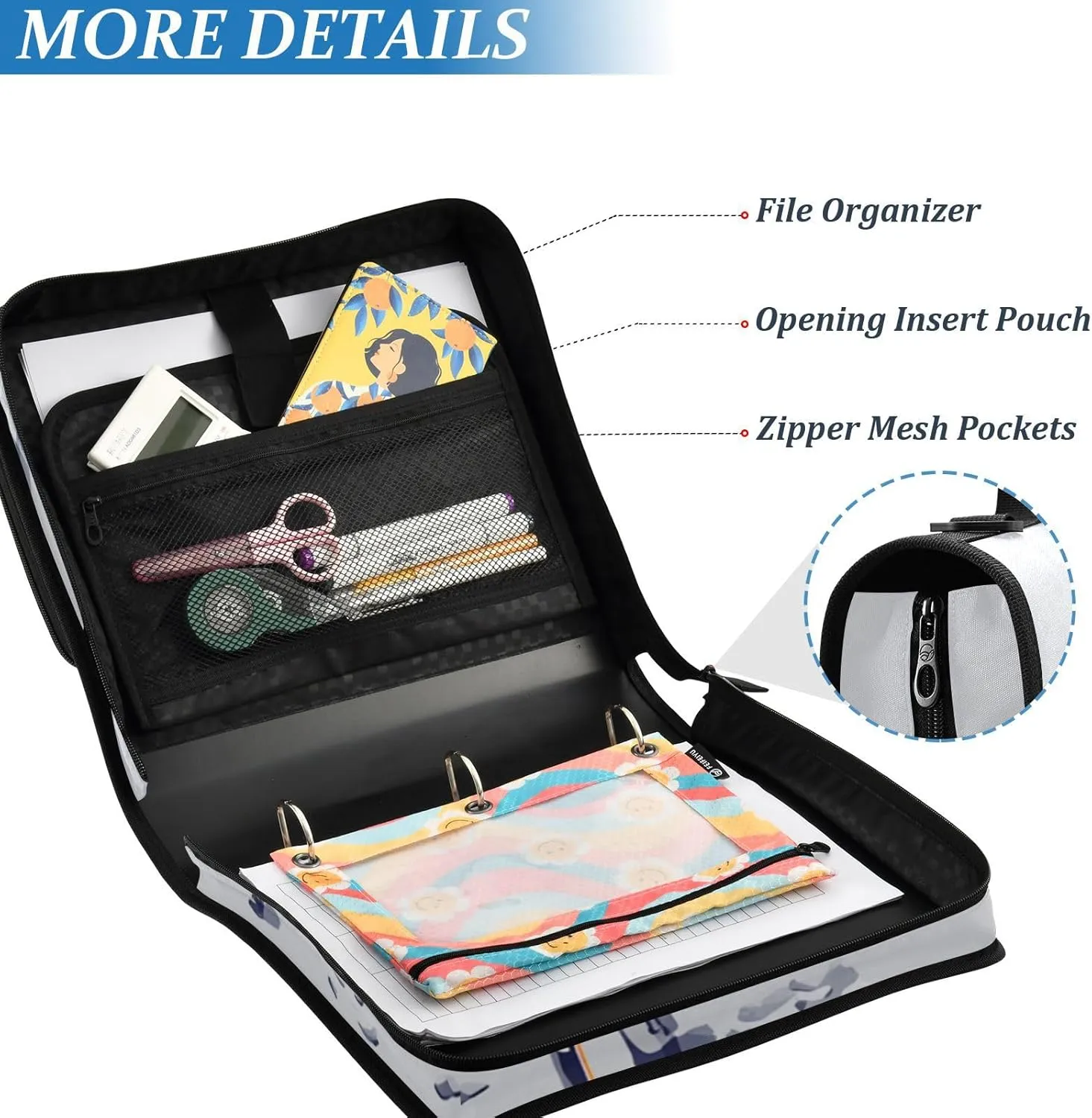 1.5-Inch 3-Rings Sturdy Zipper Binder with Handle and Removable Shoulder Strap Multi-Pocket Document Organizer Bag for School Construction Scene Build Tall Buildings Excavator Grader