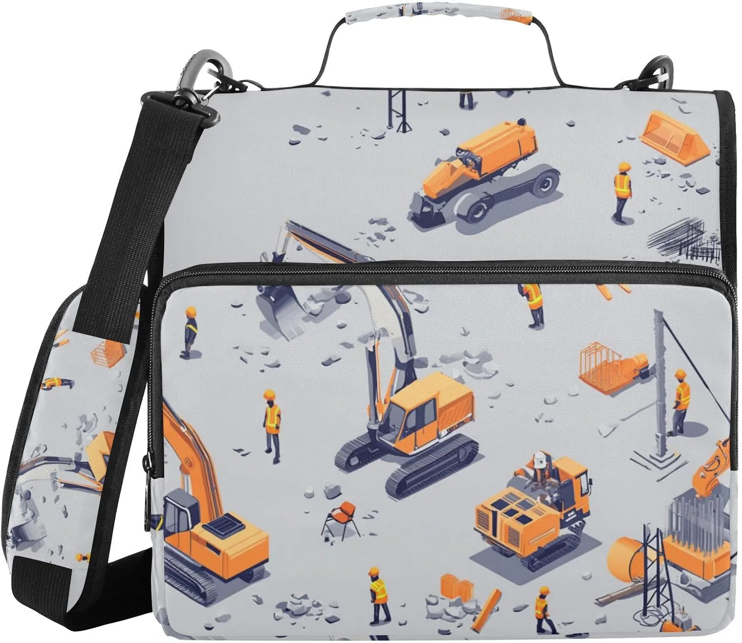 1.5-Inch 3-Rings Sturdy Zipper Binder with Handle and Removable Shoulder Strap Multi-Pocket Document Organizer Bag for School Construction Scene Build Tall Buildings Excavator Grader