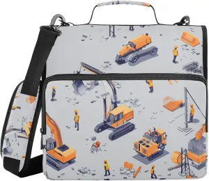 1.5-Inch 3-Rings Sturdy Zipper Binder with Handle and Removable Shoulder Strap Multi-Pocket Document Organizer Bag for School Construction Scene Build Tall Buildings Excavator Grader