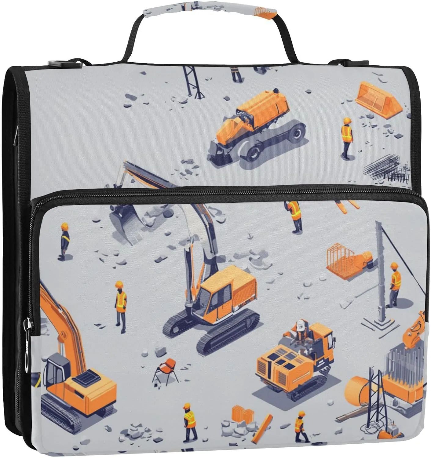 1.5-Inch 3-Rings Sturdy Zipper Binder with Handle and Removable Shoulder Strap Multi-Pocket Document Organizer Bag for School Construction Scene Build Tall Buildings Excavator Grader