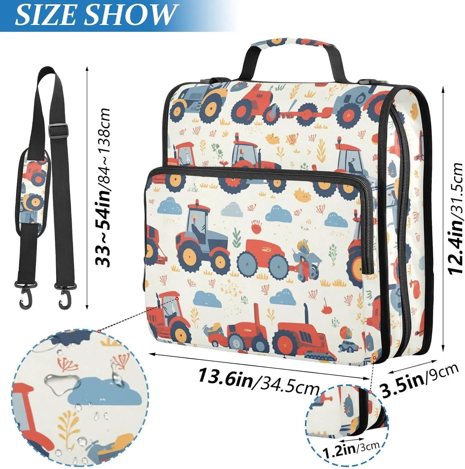 1.5 Inch 3 Rings Sturdy Zipper Binder with Strap for School and Office, Includes Zip Pocket, Red Old Wheeled Tractors