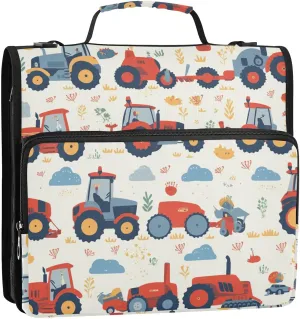 1.5 Inch 3 Rings Sturdy Zipper Binder with Strap for School and Office, Includes Zip Pocket, Red Old Wheeled Tractors