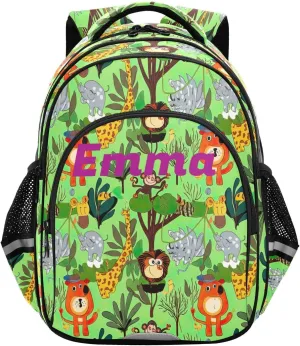 15 Inch Kids School Backpack for Boys Girls, Custom Name Cartoon Animals Jungle Green Boys Elementary Backpack