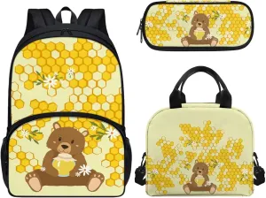 17-inch Book Bags for Child, Bear & Honey Schoolbag for Child with Lunch Bag Pen Box, Notebag for Travel, Set of 3 School Supplies