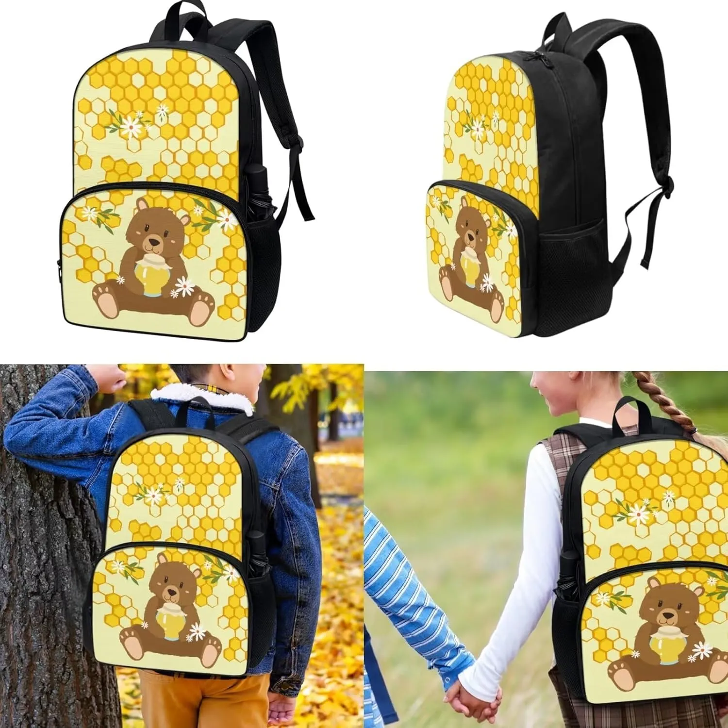17-inch Book Bags for Child, Bear & Honey Schoolbag for Child with Lunch Bag Pen Box, Notebag for Travel, Set of 3 School Supplies