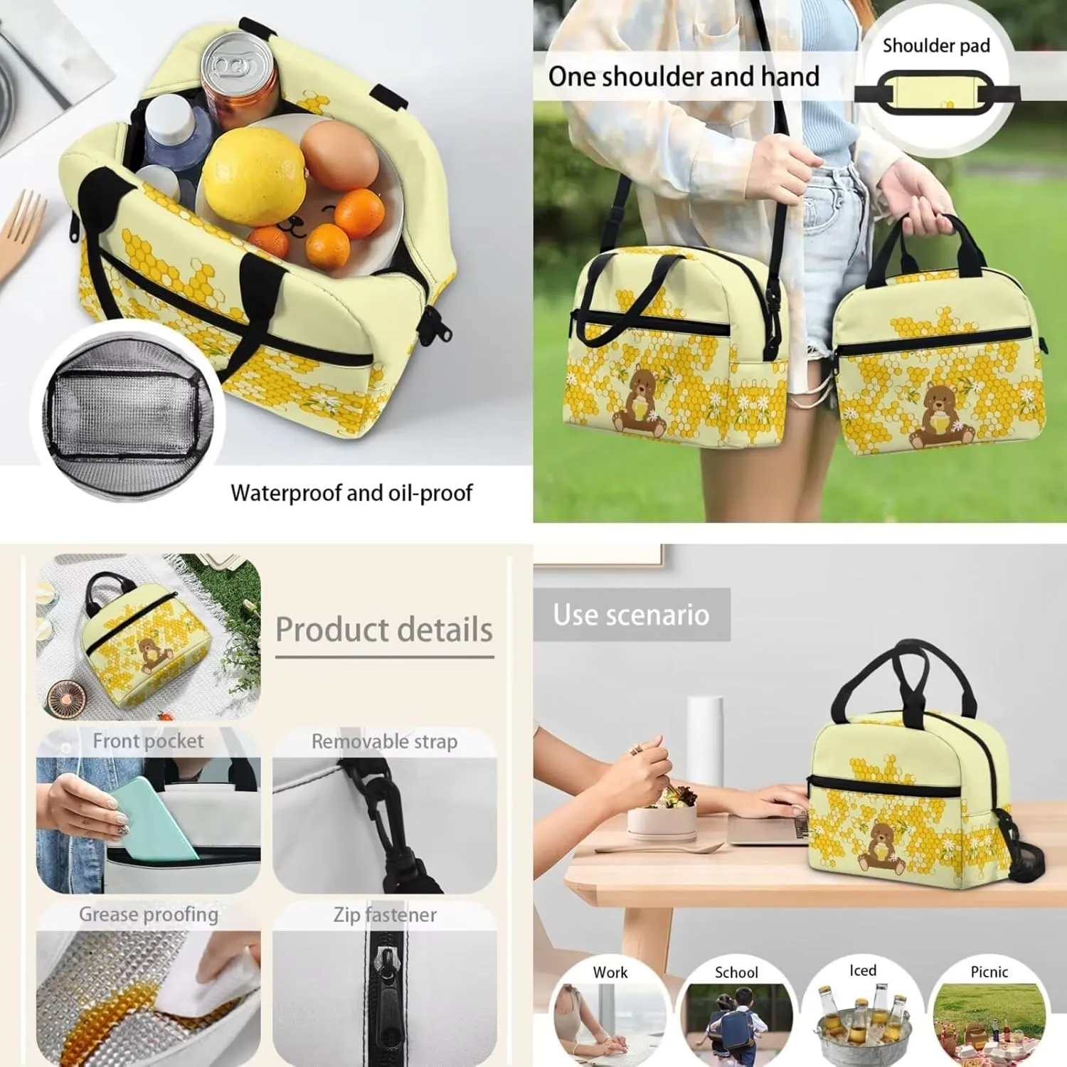 17-inch Book Bags for Child, Bear & Honey Schoolbag for Child with Lunch Bag Pen Box, Notebag for Travel, Set of 3 School Supplies