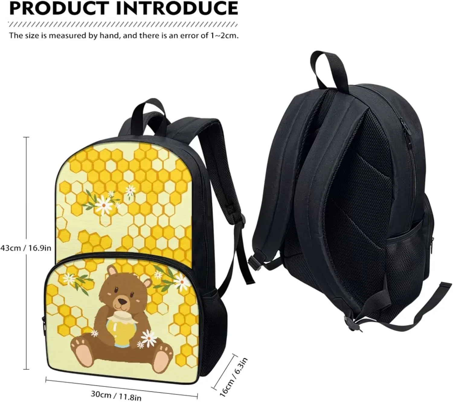 17-inch Book Bags for Child, Bear & Honey Schoolbag for Child with Lunch Bag Pen Box, Notebag for Travel, Set of 3 School Supplies