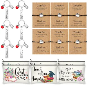 18 Pcs Teacher Appreciation Gifts Set Makeup Pouch Bag Makeup Cosmetic Bags Pencil Bag Teacher Blessing Bracelets Teacher Keychain for Teacher Women Festival Graduation Gifts (Rectangle Keychain)