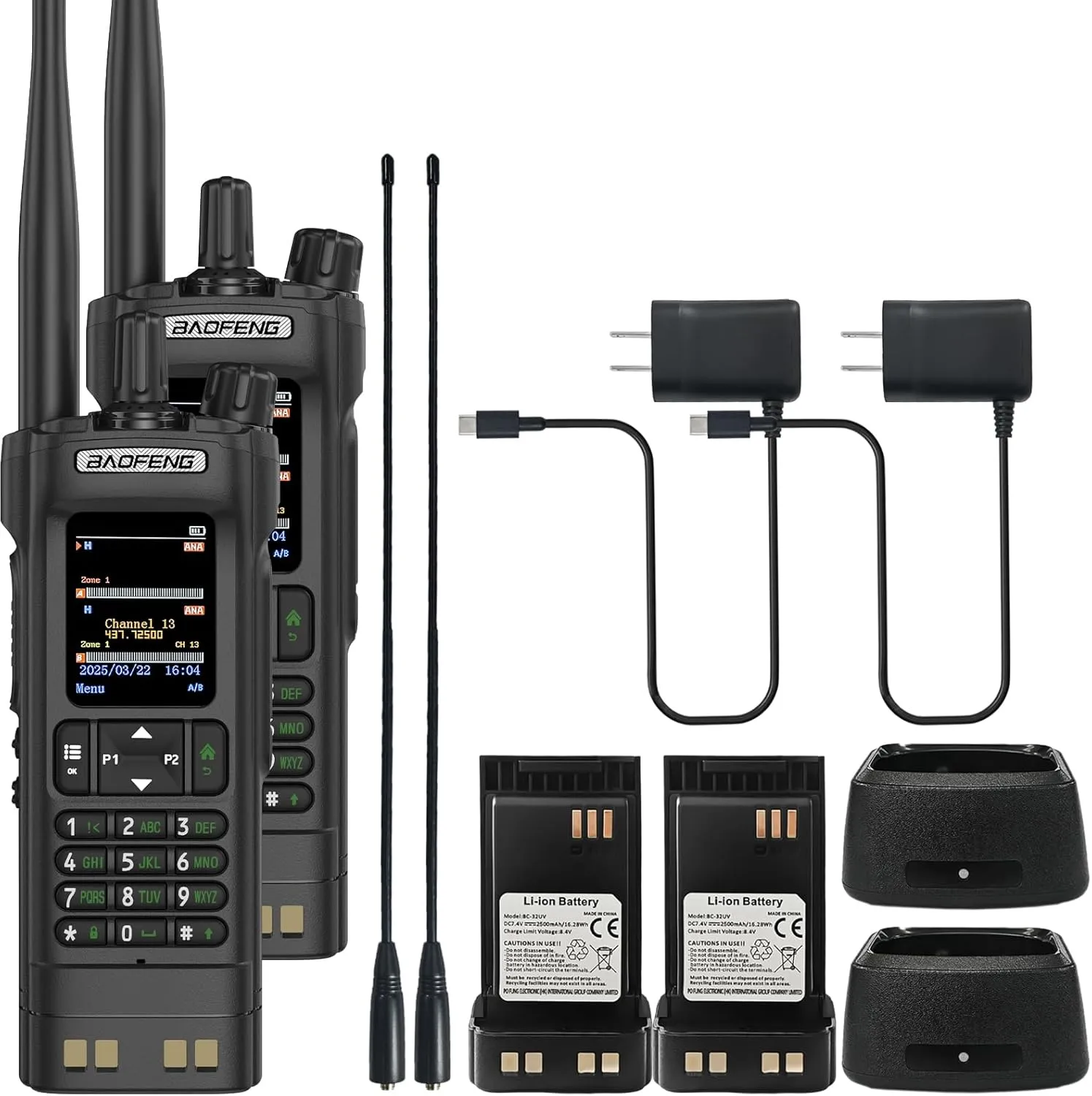 2 Pack BAOFENG DM-32 DMR Radio 10W High Power Walkie Talkie GPS/APRS Two Way Raido USB-C Charging Multi-Band FM/AM Radio DM32 with 771B High Gain Antenna (Black)