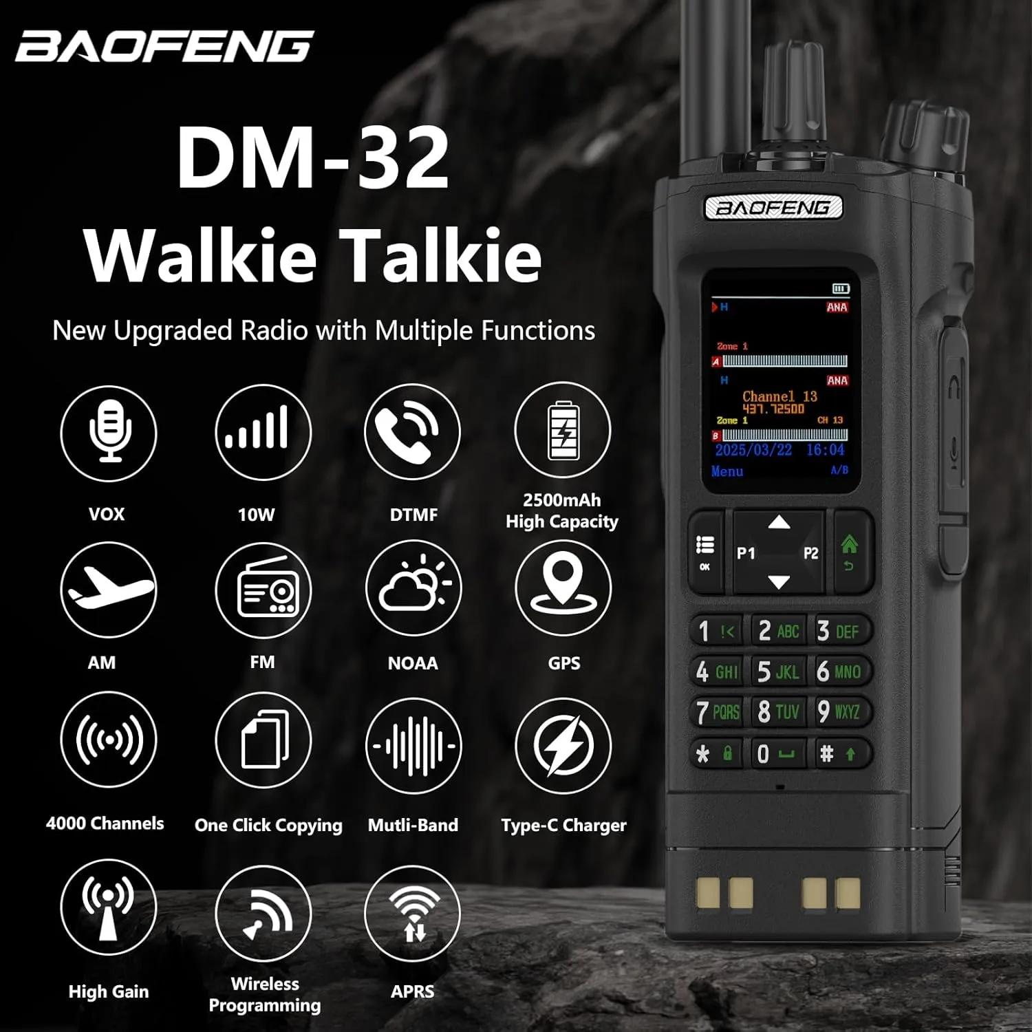 2 Pack BAOFENG DM-32 DMR Radio 10W High Power Walkie Talkie GPS/APRS Two Way Raido USB-C Charging Multi-Band FM/AM Radio DM32 with 771B High Gain Antenna (Black)