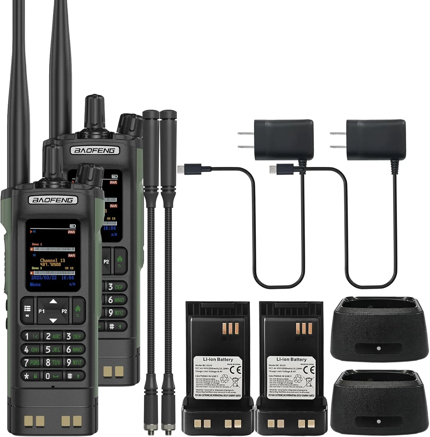 2 Pack BAOFENG DM32 DMR Radio 10W High Power Radio GPS/APRS Two Way Raido USB-C Charging Multi-Band FM/AM Wakkie Talkie DM-32 with Gooseneck Antenna (Green)
