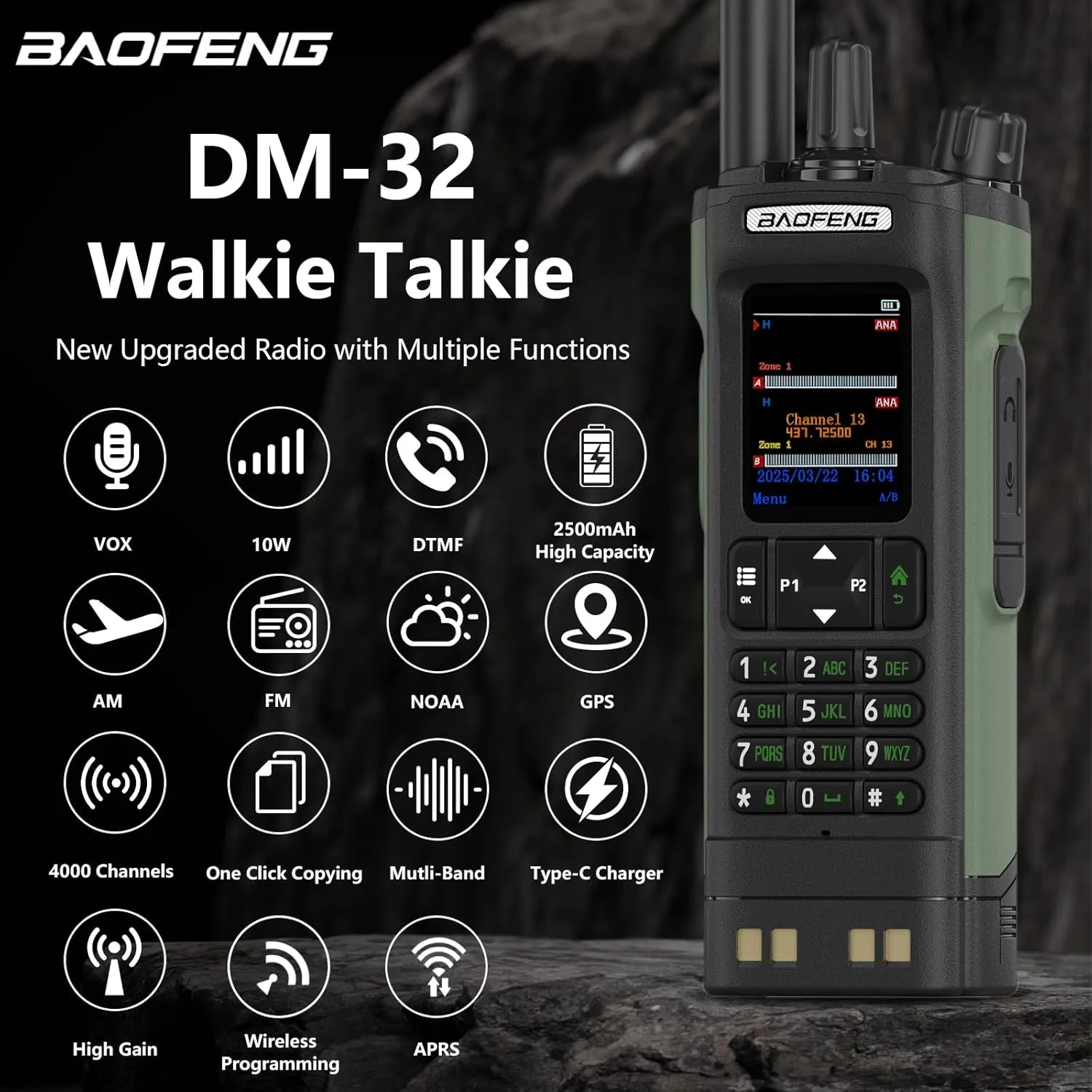 2 Pack BAOFENG DM32 DMR Radio 10W High Power Radio GPS/APRS Two Way Raido USB-C Charging Multi-Band FM/AM Wakkie Talkie DM-32 with Gooseneck Antenna (Green)