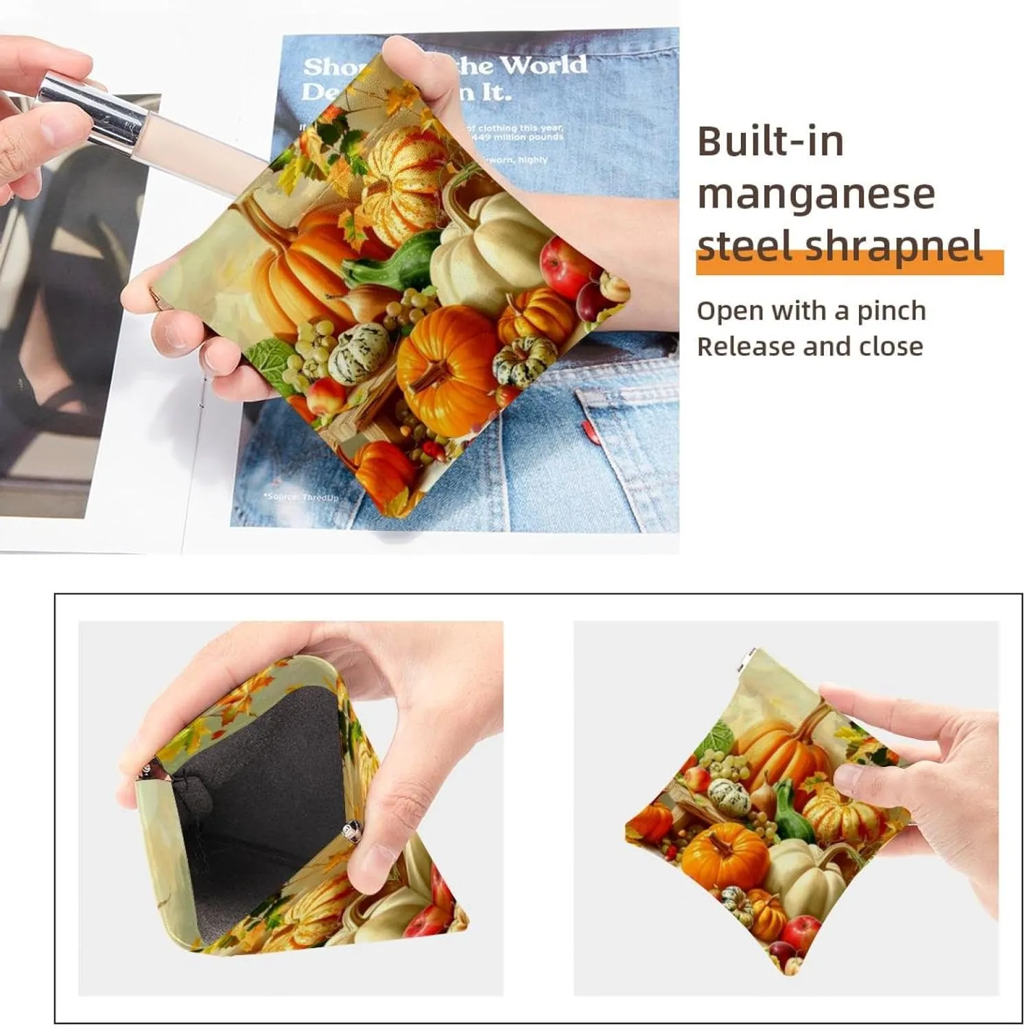 2 Piece Faux Leather Makeup Bag Set, Small Makeup Pouch, Portable Travel Makeup Bag for Women, Multi-functional Shrapnel Storage Bag, Fall Thanksgiving Pumpkin Sunflower