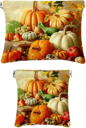 2 Piece Faux Leather Makeup Bag Set, Small Makeup Pouch, Portable Travel Makeup Bag for Women, Multi-functional Shrapnel Storage Bag, Fall Thanksgiving Pumpkin Sunflower