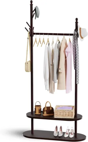 2-Tier Coat Rack Freestanding, Easy Assemble 8 Hooks Wooden Coat Rack with Shoe Storage Sturdy Coat Tree Save Space, Rustic Coat Stand for Entryway, Bedroom, Office (Dark Brown)