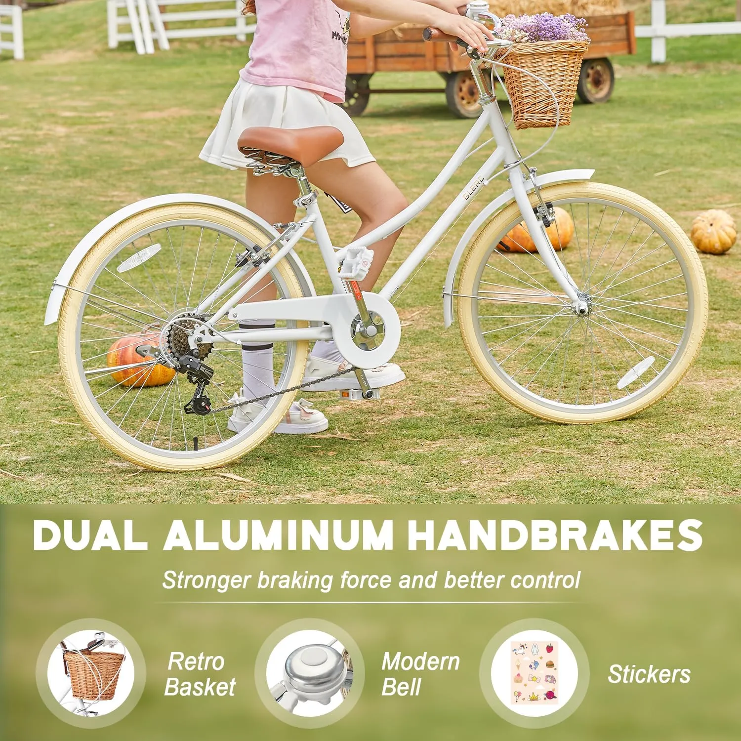 20 24 26 Inch Beach Cruiser Bike, 6-Speed Hybrid City Bicycle for Girls Youth and Over 6 Years Old, Missy Bike with Wicker Basket & Lightweight, Multiple Colors