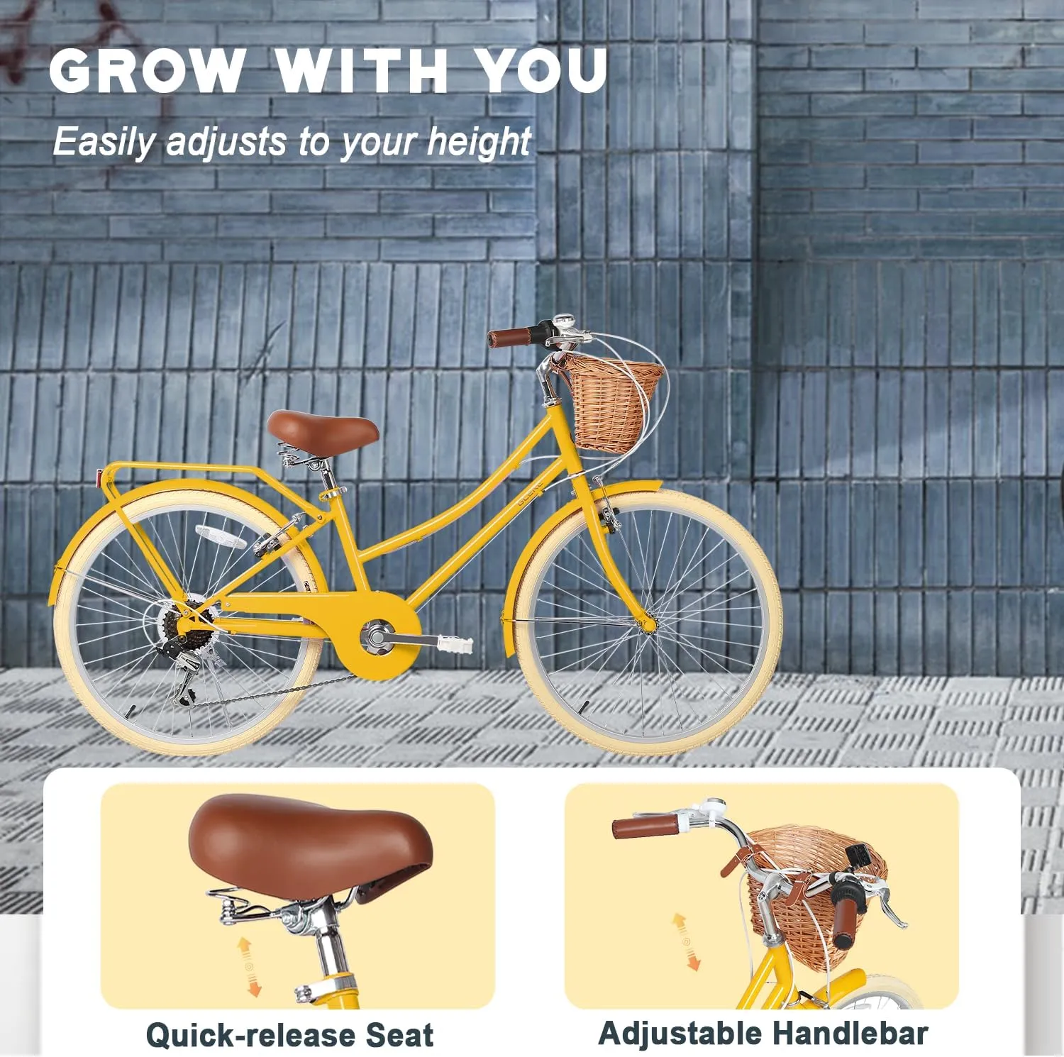 20 24 26 Inch Beach Cruiser Bike, 6-Speed Hybrid City Bicycle for Girls Youth and Over 6 Years Old, Missy Bike with Wicker Basket & Lightweight, Multiple Colors