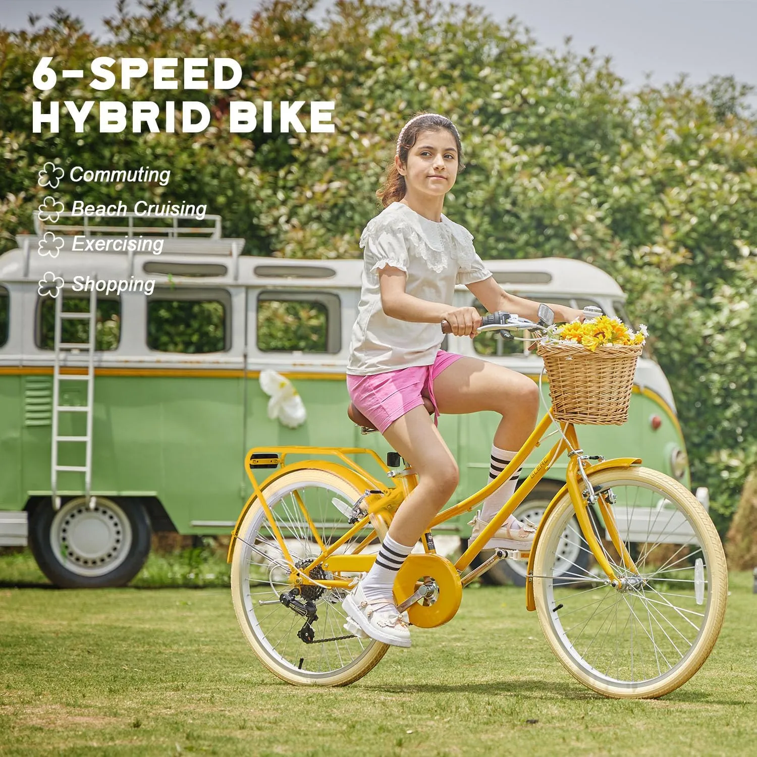 20 24 26 Inch Beach Cruiser Bike, 6-Speed Hybrid City Bicycle for Girls Youth and Over 6 Years Old, Missy Bike with Wicker Basket & Lightweight, Multiple Colors