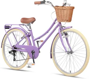 20 24 26 Inch Beach Cruiser Bike, 6-Speed Hybrid City Bicycle for Girls Youth and Over 6 Years Old, Missy Bike with Wicker Basket & Lightweight, Multiple Colors