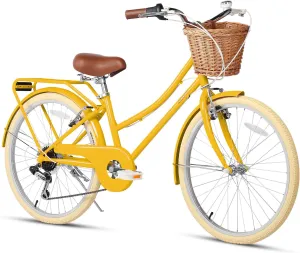 20 24 26 Inch Beach Cruiser Bike, 6-Speed Hybrid City Bicycle for Girls Youth and Over 6 Years Old, Missy Bike with Wicker Basket & Lightweight, Multiple Colors