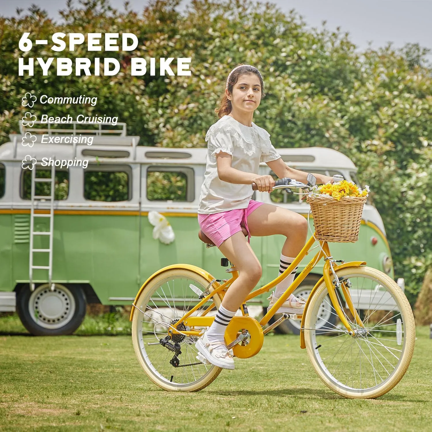 20 24 26 Inch Beach Cruiser Bike, 6-Speed Hybrid City Bicycle for Girls Youth and Over 6 Years Old, Missy Bike with Wicker Basket & Lightweight, Multiple Colors