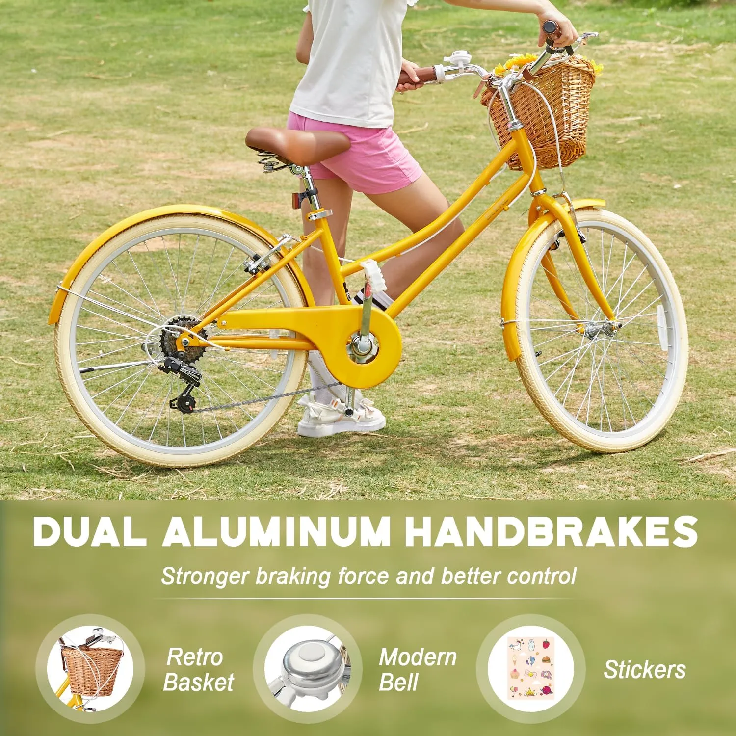 20 24 26 Inch Beach Cruiser Bike, 6-Speed Hybrid City Bicycle for Girls Youth and Over 6 Years Old, Missy Bike with Wicker Basket & Lightweight, Multiple Colors