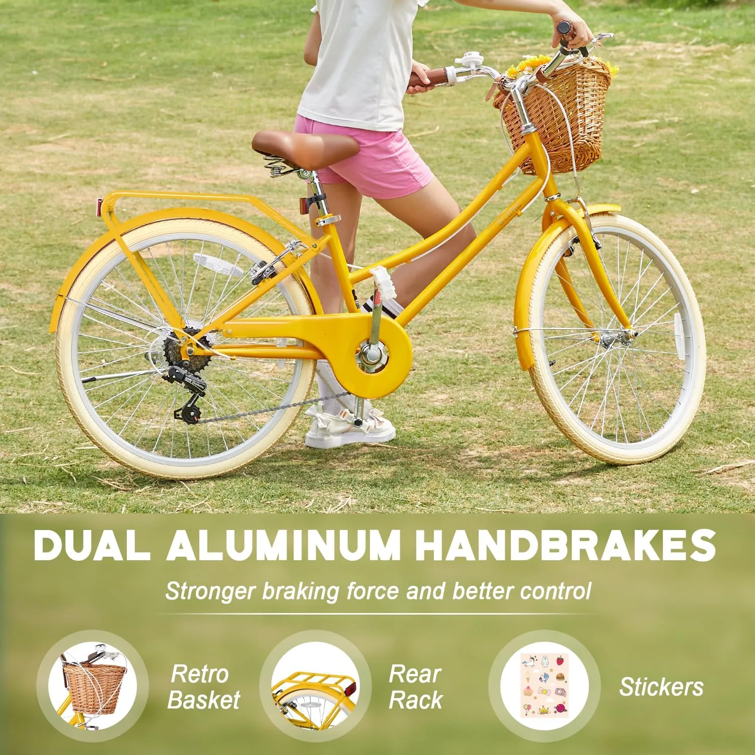 20 24 26 Inch Beach Cruiser Bike, 6-Speed Hybrid City Bicycle for Girls Youth and Over 6 Years Old, Missy Bike with Wicker Basket & Lightweight, Multiple Colors